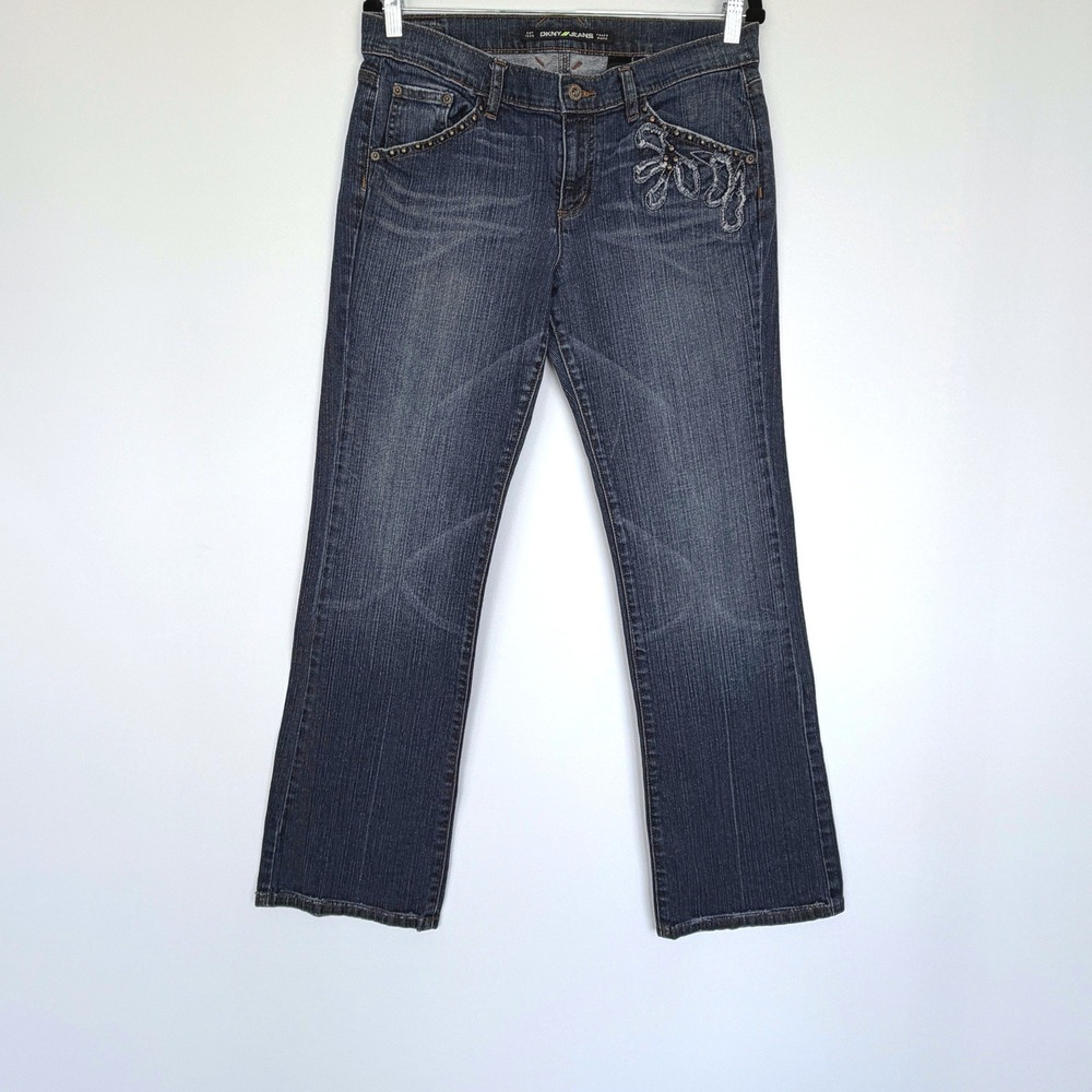 DKNY Jeans Straight Leg Womens 10 Blue Excellent Studded Embroidered Y2K Denim